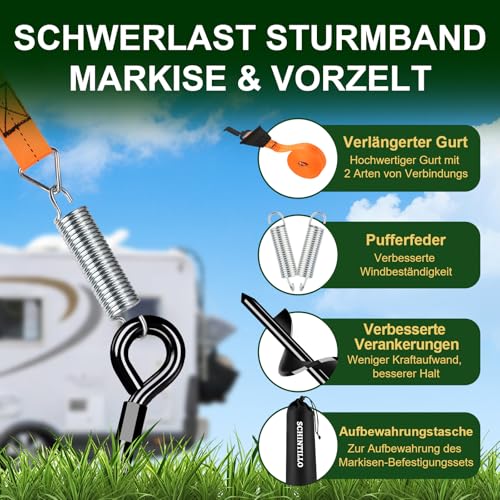 SCHINTILLO Sturmband Markise Vorzelt Set für Thule & Fiamma, Sturmsicherung für Vorzelt Markise, StabilisierungsKit für Camping & Wohnmobil mit 39CM Stark Bodenanker