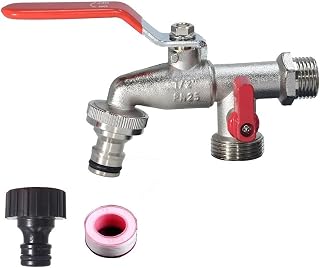 Grifo de jardín de cobre con 1 entrada y 2 salidas, conector de riego de latón para uso en exteriores, a prueba de frío y calor, incluye boquilla de plástico y cinta cruda