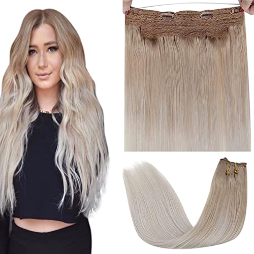 【Clearance】LaaVoo 12" Fish Line Hair Extensions Human Hair Blonde Balayage Fish Line Extensions Real Hair Ash Blonde Balayage Platinum Blonde Remy Fish Line Human Hair Extensions Double Weft 80G