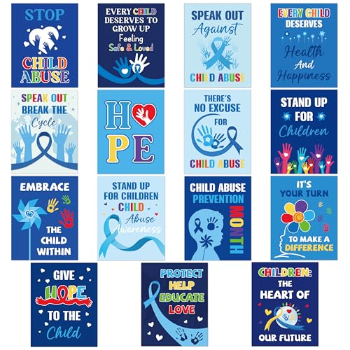 WATINC Child Abuse Prevention Poster - 15PCS Blue Ribbon April Bulletin Board Decorations for Campaign Fundraiser Classroom Preventing Child Abuse Month Wall Decor for School Charity Supplies