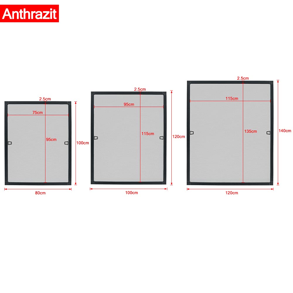 FIVMEN Mosquitera para ventana con marco de aluminio, protección contra insectos, sin taladrar, red antimosquitos, para todas las ventanas de hasta 120 x 140 cm, antracita