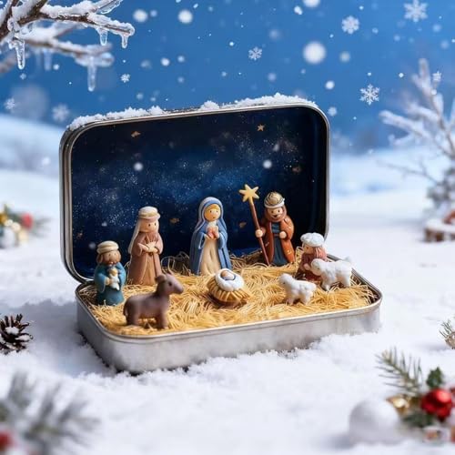 Dewppxi Mini-Weihnachtskrippe in Einer Blechdose, handgefertigte...