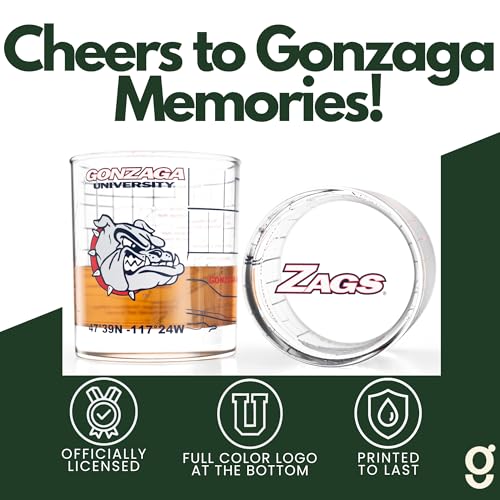 Image of Greenline Goods University of Gonzaga Bulldogs Whiskey Glasses Set of 2, 10 oz Rocks Glasses with Full-Color Logo & Campus Map - Officially Licensed Bourbon Glass Gift for Alumni & Fans