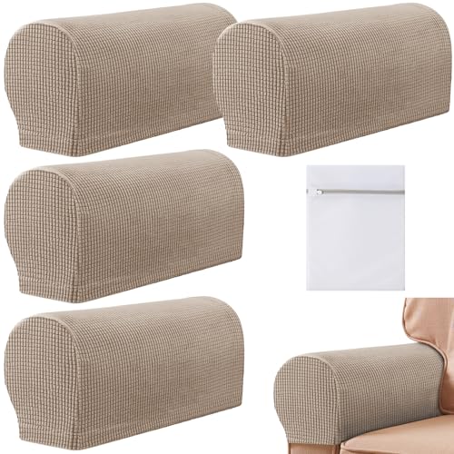 VEGCOO 4 Pcs Armrest Chair Covers Stretch Arm Rest Covers Soft Polyester Armchair Couch Sofa Arm Caps with Laundry Bag Non Slip Arm Covers Furniture Protector for Sofa Chair Couch Recliner (Sand)