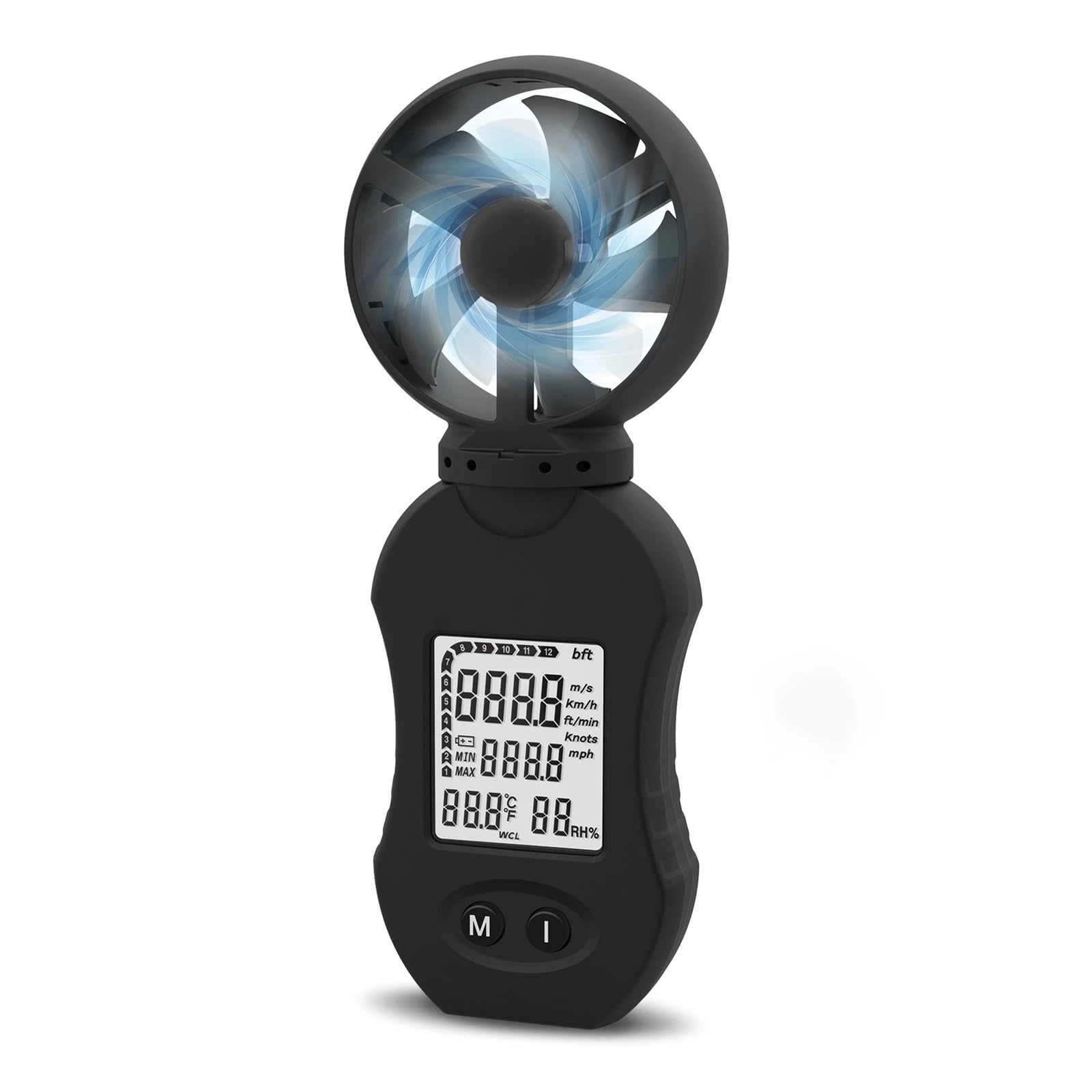 Anemómetro Portátil, Medidor digital de velocidad del viento, anemómetro de mano con retroiluminación LED, selección de unidad, apto for viento, temperatura y humedad.