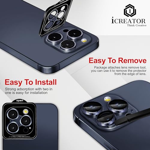 Image of I Creator Camera Lens Protector Iphone 15 Pro Max /Pro, Individual Ring Protector Titanium Metal Shatterproof Scratch Resistant, Blue