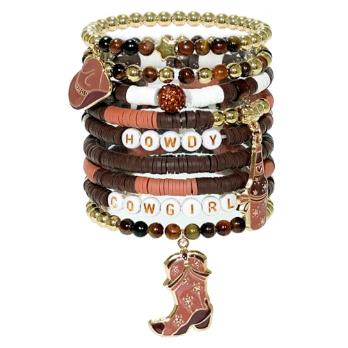 9 PCS Western Cowgirl Beaded Stretch Bracelets for Women, Stackable Cowgirl Hat Boot Accessories, Summer Beach Bohemian Jewelry Christmas Birthday Gifts