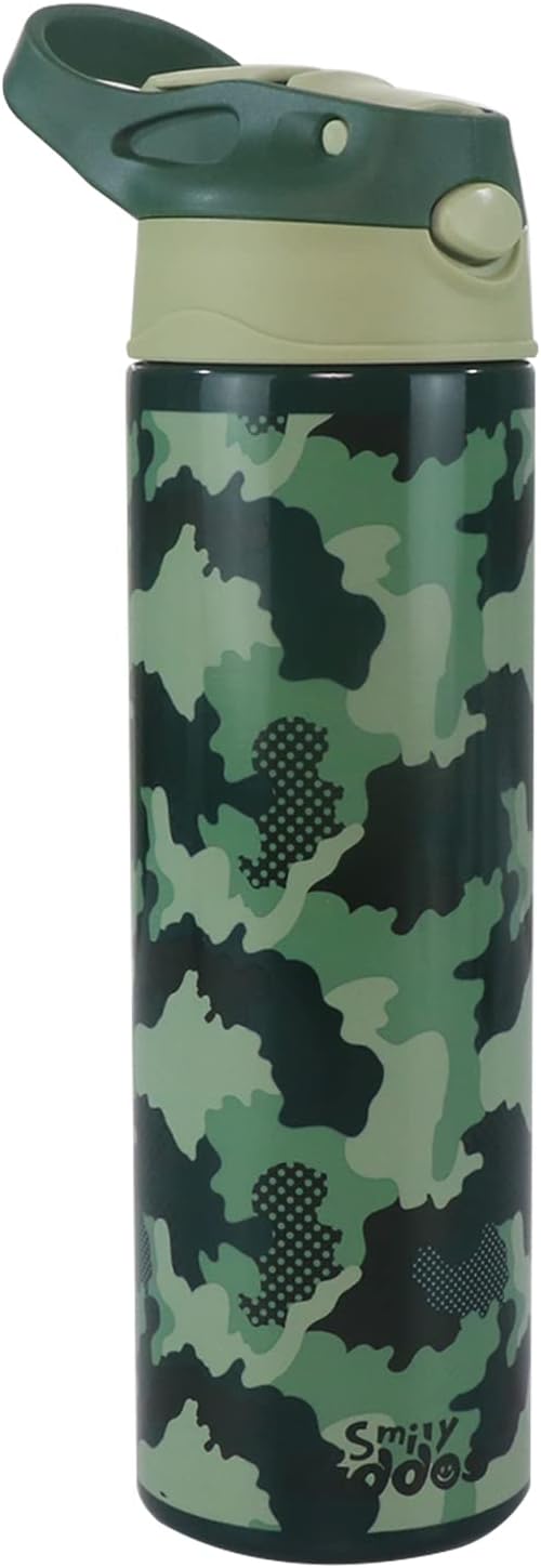 Smily Kiddos Stainless Steel Insulated Water Bottle for Kids 600ml - Camo Theme Green| Hot and Cold | Double Walled Vacuum | Thermos Flask with Sipper |Green