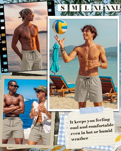 Image of August Alley Men's Linen Shorts with Liner Summer 5 Inch Casual Elastic Waist Drawstring 2 in 1 Beach Shorts with Pockets