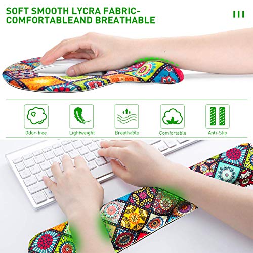 Mouse Pad with Wrist Support Ergonomic Gel, Keyboard Wrist Rest for Computer Keyboard with Raised Memory Foam for Desktop/Laptop/Notebook, Red Floral Colorful Mandala