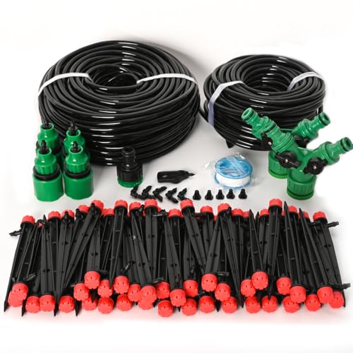 Kit de riego por goteo automático de 196 pies Equipo de riego por microgoteo para ahorro de agua para invernaderos Boquillas ajustables Accesorios de púas de tubería de 1/4 de pulgada