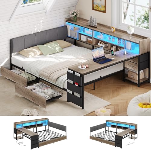 Corner Full Size Bed Frame with 6 Storage Bookcase, Corner