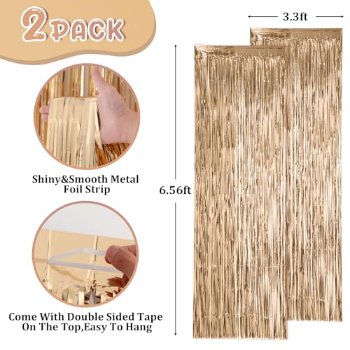 Image of Voircoloria 2 Pack Champagne Foil Fringe Backdrop Curtains, Tinsel Streamers Birthday Party Decorations, Fringe Backdrop for Anniversary, New Years, Birthday Party