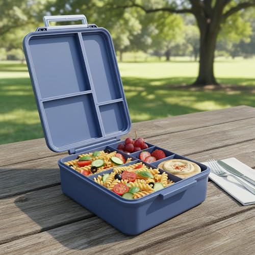 Image of Bento Mega Lunch Box, carrying handle - 4 No-Mix Compartments | Microwave & Dishwasher Safe | for Adult, Preschool, School 1600ML, OZ (Blue Turquoise ClevaAstroo Friend)