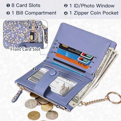 Image of COSHAYSOO Wallets for Women Teen Girls RFID Blocking - Mini Card Holder with Multiple Slots ID Window Zipper Coin Pocket-Slim Bifold Purse PU Leather Keychain Wallet-Garden Floral