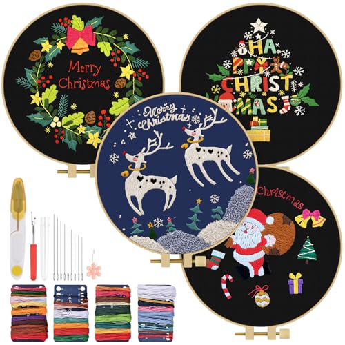Image of TINDTOP Christmas Embroidery Kit for Adult, Embroidery DIY Starter Kit | 4 Pack with Stamped Patterns, Hoop, Tools, Colorful Threads with Needles, Instructions