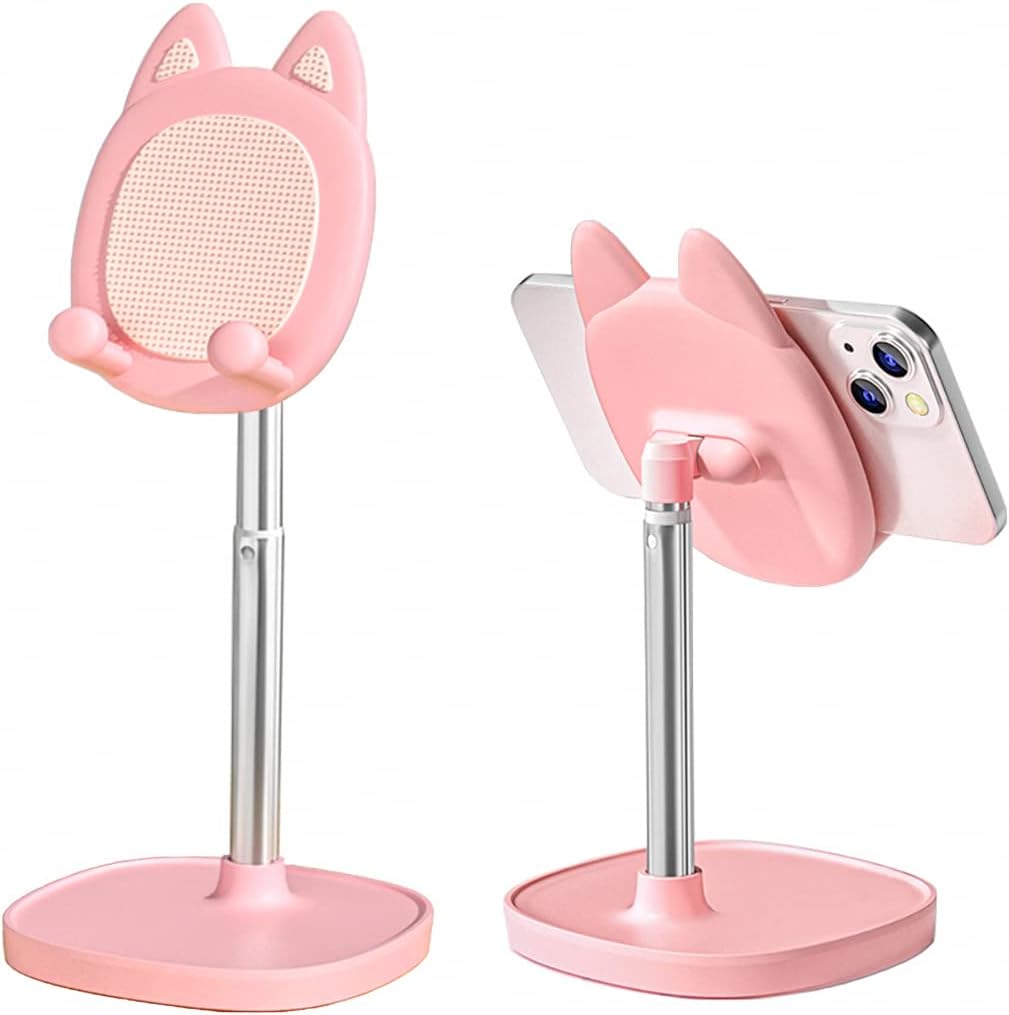 Cute Cat Phone Stand, Cat Head Cell Phone Holder for Desk,Angle&Height Adjustable Compatible with All Smartphone,iPhone,Samsung,Tablet,iPad-Pink