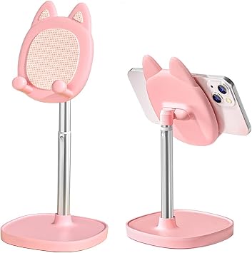 Cute Cat Phone Stand, Cat Head Cell Phone Holder for Desk,Angle&Height Adjustable Compatible with All Smartphone,iPhone,Samsung,Tablet,iPad-Pink