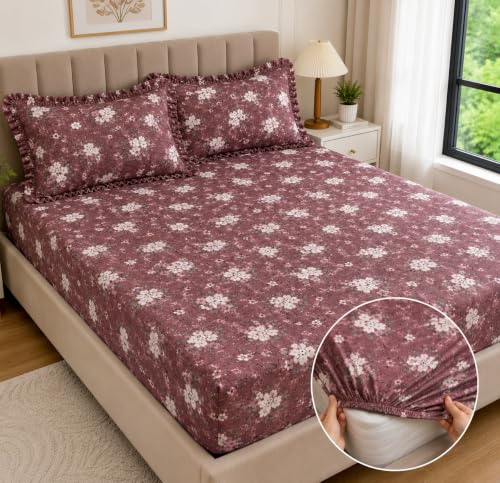 Image of Fitted Bedsheet Queen Size 300 TC Soft Cotton Feel Microfiber All Around Elastic Fitted Double Bedsheet with 2 Frill Pillow Covers | Size (60x78) Rose Floral