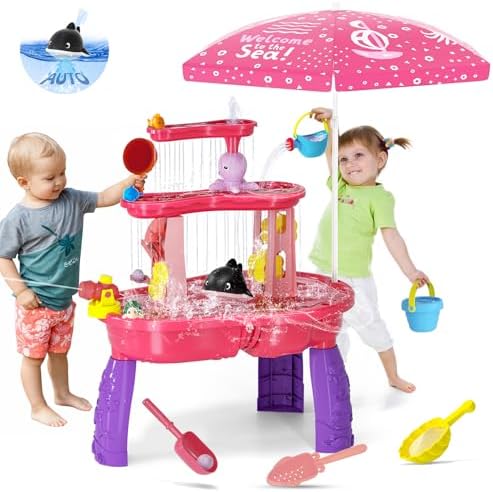 maysida 2026 Sand Water Table Toys for Kids 3-5 with Umbrella, 3-Tier Kids Outdoor Water Tables Toy, Auto Electric Pump Sensory Play Water Table for Girls 4-8, Beach Summer Water Toy, Pink&Purple