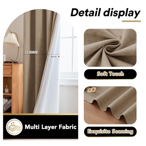 Image of PrinceDeco Linen Blackout Curtains 90 Inch Length Room Darkening Curtains with Natural Slubs & Grayish (Not Solid) Black Out Curtains for Bedroom Full Light Blocking Drapes - Heathered Macchiato