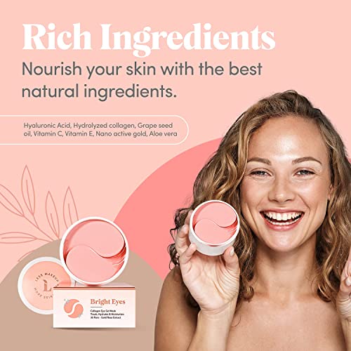 Rose Golden Under Eye Collagen Gel Mask - Bright Eyes Anti Aging Treatment For Dark Circles, Puffy Eyes, Bags, Fine Lines - 30 Pairs (60 Total Rose Gold Patches) #TOP6