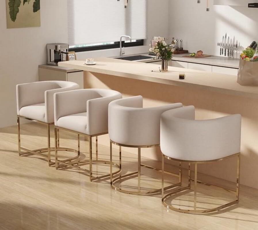 Contemporary Cream Linen Bar Stools Set of 4, 24" Upholstered Fabric Counter Height Barstools Kitchen Counter Island Stools with Golden Metal Base