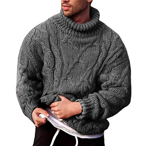SHINROAD Pull pour homme à manches longues en laine épaisse à col roulé torsadé côtelé pour l'automne et l'hiver - Travail formel - Gris foncé - Taille L