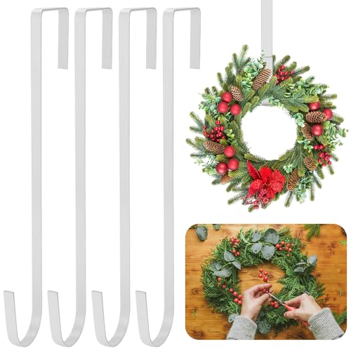 lmytdo Christmas Wreath Hanger for Front Door (12 in/30cm) Strong Metal Wreath Door Hanger Over Door Hooks for Wreath Holder for Xmas Wall Wedding Decor (4Packs White)