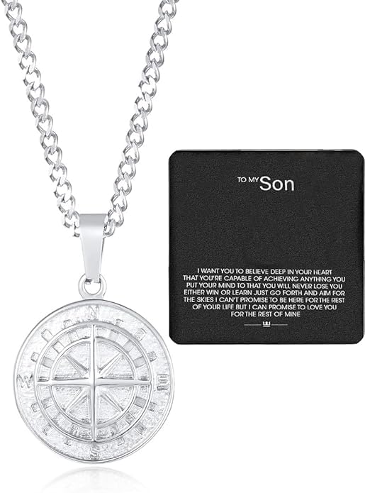 LACOXA To My Son - Compass Pendant Necklace, Handcrafted Coin Compass Necklace, Stainless Steel Compass Pendant Necklace, Fashion Jewelry Gift for Men