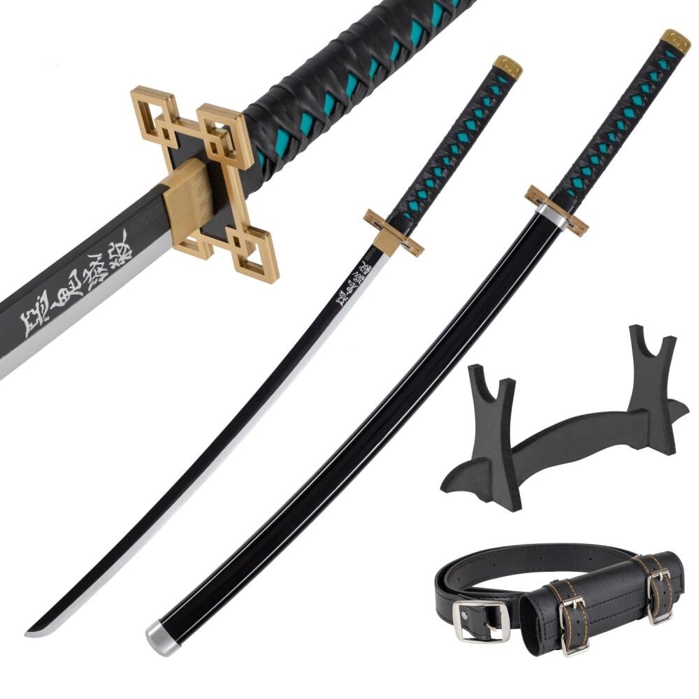 Wooden Katana Sword 30 inch / 77 cm with Belt Holder and Stand - Deamon Slayer Short Samurai Sword for Anime Cosplay - Bamboo Wakizashi Replica Swords - Decorative Collectables (No Sharp Edges)