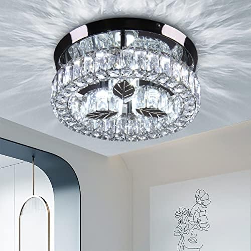 OYYPTDZM Modern LED Chandelier,Flush Mount Ceiling Light Round Stainless Steel Leaf K9 Crystal Ceiling Light Fixtures for Hallway Dining Room Bedroom(Cool White)