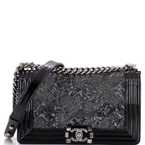 Pre-Loved Boy Flap Bag Sequin with Patent Old Medium, Black