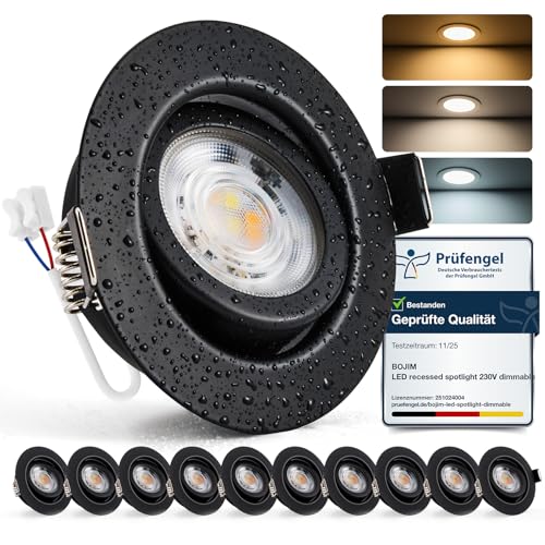 BOJIM LED Spots 230V Dimmbar für Bad IP44 Einbaustrahler LED Schwarz 68mm - 80mm Lochmaß Deckenspots 7W Warmweiß Kaltweiß Neutralweiß Einbauleuchten Flach für Küche Wohnzimmer 10er Set