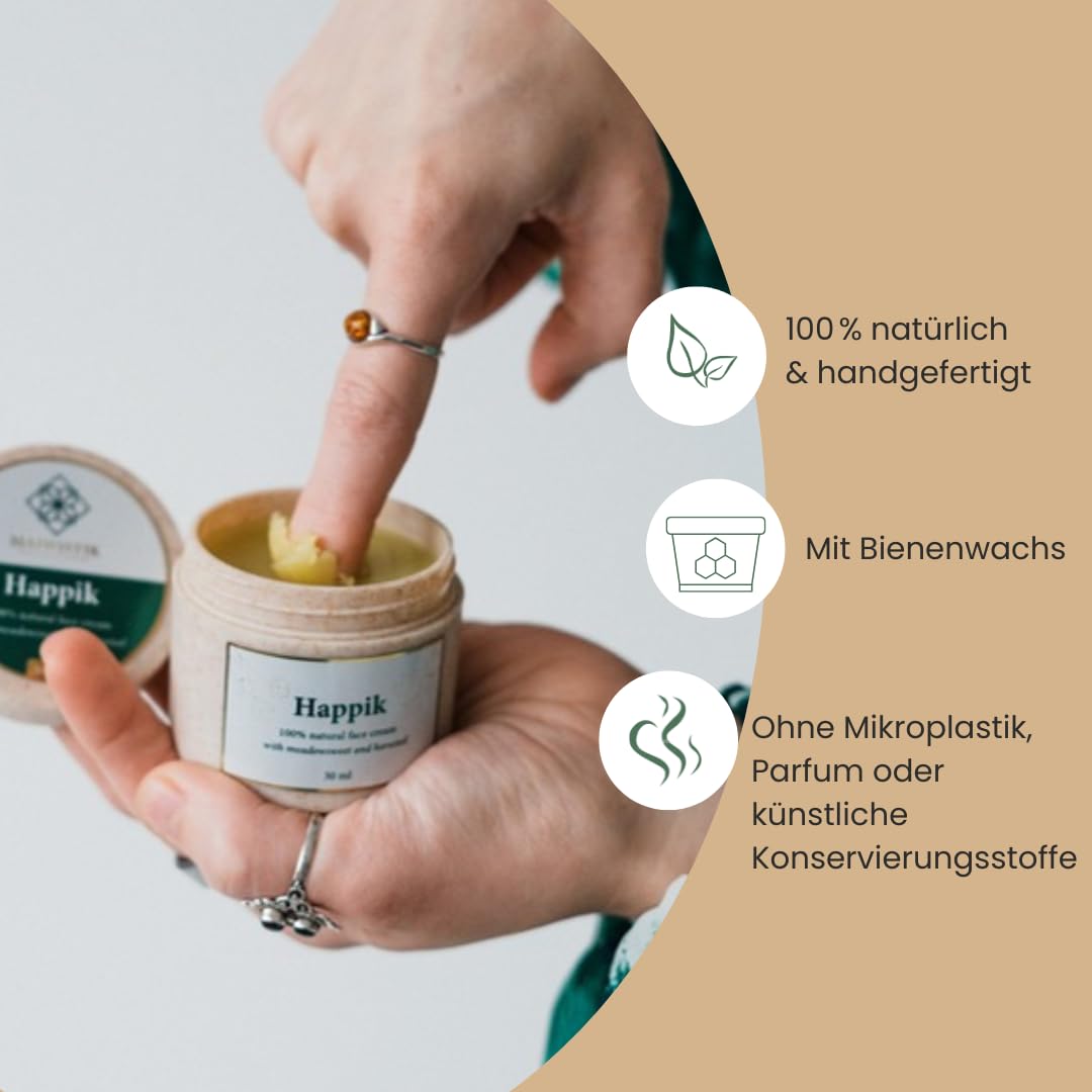 Happik - Crema viso senza acqua, per pelli secche e mature, cura intensiva al 100% naturale, con cera d'api, olio d'oliva, dolciumi e cavallo, giorno e notte, 30 ml