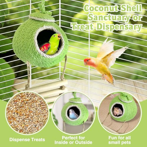 Image of Tfwadmx Coconut Hide with Ladder, Natural Coconut Fiber Hanging Birdhouse Cage, Handmade Sisal Rope & Coconut Bird Shell Breeding Nest for Parrot Parakeet Lovebird Finch Canary (2 Pcs Green)