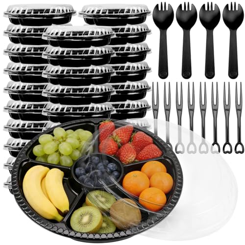 TMCCU 30 Pack 12 Inch Plastic Appetizer Tray with Lid, 6 Sectional Round Plastic Divided Serving...