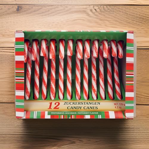 MC-Trend Zuckerstangen 12 Stück – Essbare Weihnachtsdeko mit Pfefferminz-Geschmack, ideal als Baumschmuck und festliche Süßigkeit zu Weihnachten (12er Set)