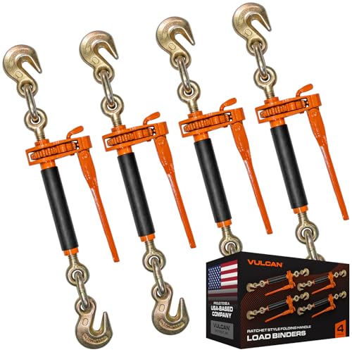 Image of VULCAN Folding Handle Load Binder (Four Pack) with 2 Grab Hooks - Ratchet Style - 12000 Pound Safe Working Load (Works with 3 /8 Inch Grade 70, 80 and 100 or 1 /2 inch Grade 43 Chain)