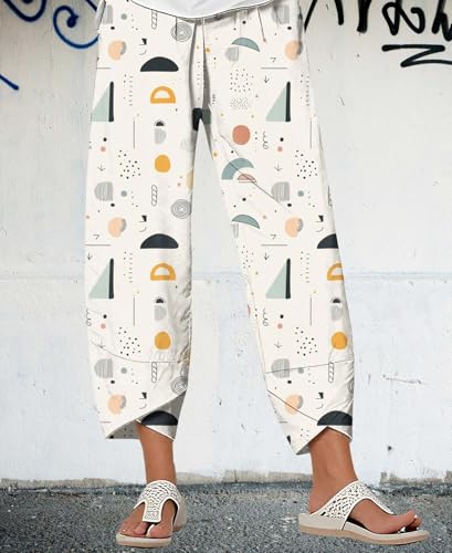 Summer Cotton Linen Printed Pants Casual Cropped Palazzo Lounge Pants Trendy Comfy Baggy Trousers with Pockets4