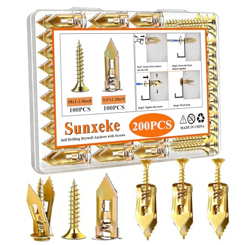 Image of Self Drilling Drywall Anchors and Screws Kit, 200PCS | 0.47x1.18Inch, Wall Anchors for Drywall, No Drill Drywall Anchors, Holds Up to 66LBS, For Picture & Mirror Hanging