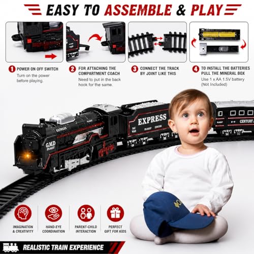 Image of Battery Operated Toy Train Set for Kids | Express Train with Track, Engine, Coal Carrier & Passenger Coach | Easy Assemble Railway Play Set | Light & Realistic Design | Gift for Boys & Girls