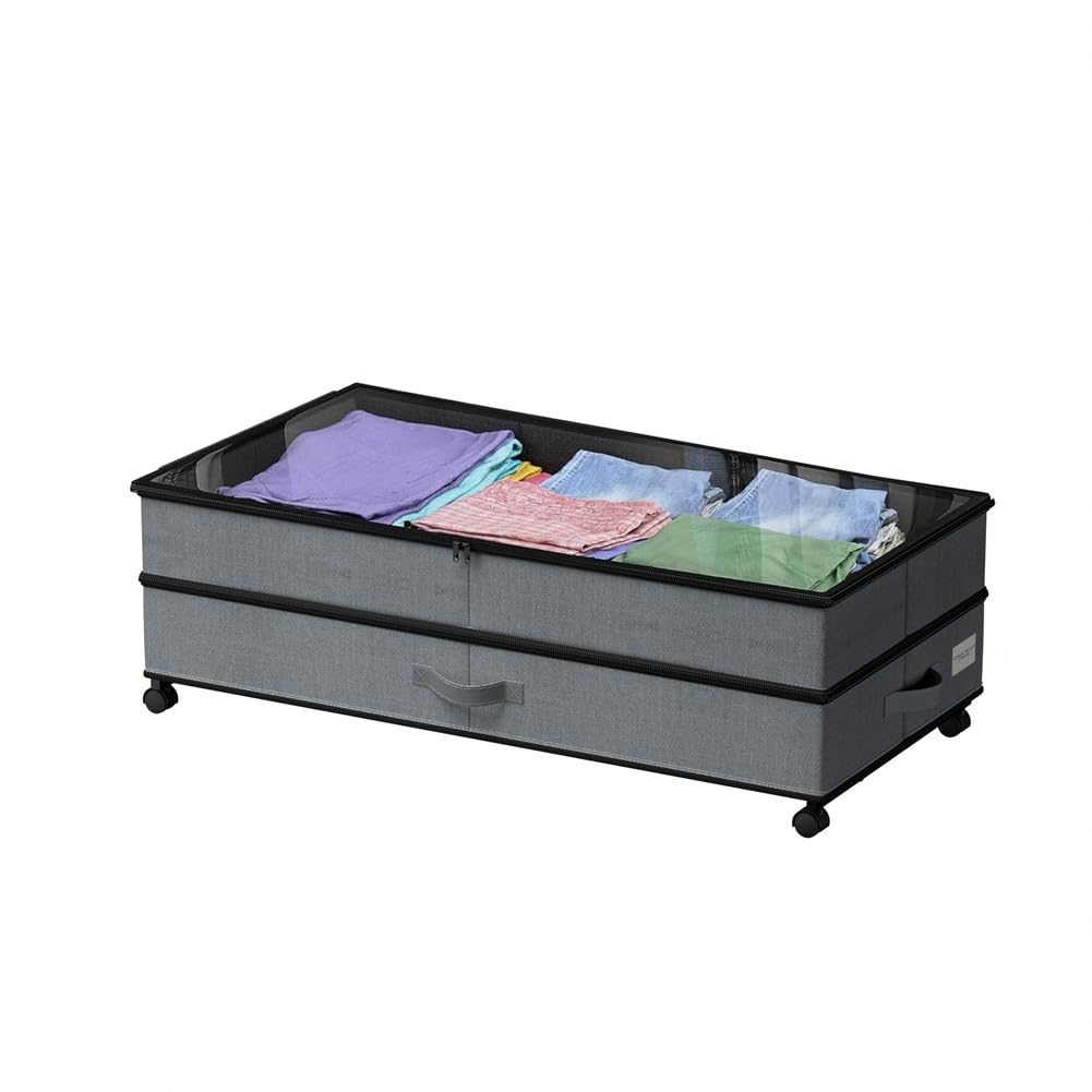 Aundhegrtt Wheels Included Under Bed Storage, Underbed Large Storage Bins with Lid, Adjustable Rolling Storage Containers for Clothes