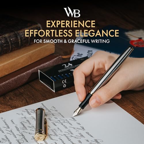 Image of Wordsworth & Black Luxury Fountain Pen Set for Writing, Fine Nib, Silver | Gift for Men & Women, Brass Body, 18K German Iridium, Calligraphy, Converter + 24 Ink Cartridges, Refillable, Leak-Free