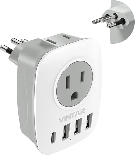 Enchufe adaptador de Brasil, adaptador de enchufe VINTAR tipo N con 1 USB C, 3 puertos USB y 2 salidas americanas, adaptador de corriente de Brasil