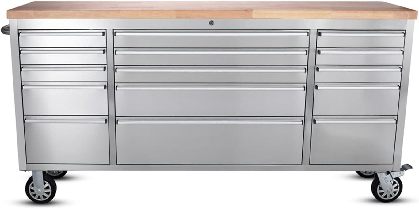 SINDA 72 Inch 15-Drawers Rolling Tool Chest with Drawers Tool Box with Wheels Mobile Tool Storage Cabinet with Wooden Top, Lockable, Storage Drawers, Satinless Steel