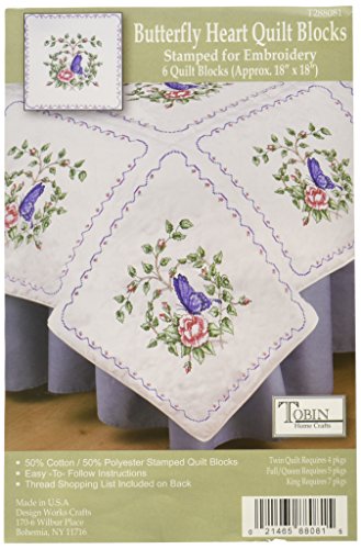 Tobin T288081 Stamped Quilt Blocks Cross Stitch Kit, 18 by 18-Inch, Butterfly Heart, White, 6 Per Package