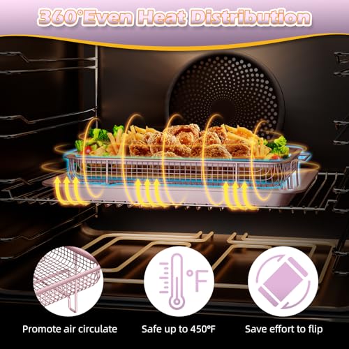 Image of Oven Air Fryer Basket and Tray, OPENICE 2 Set Air Fryer Basket and Tray for Oven with 60 Pcs Parchment Paper, Air Fryer Pan Crisper Tray for Baking, Crisping - Pink