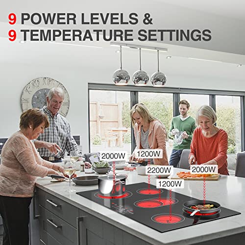 Electric Cooktop 36 Inch 5 Burners, 8600W Built-in Electric Stove Top 220v, Sensor Touch Screen, 9 Heating Level, Safety Lock, Hot Plate Compatible with All Kinds of Cookwares,Hardwired, No Plug