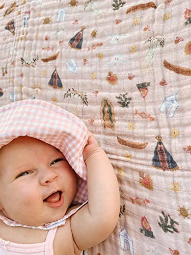 Image of Be A Heart Catholic Baby Blanket | Pink Gingham Cotton Blend Large Throw Blanket for Baby Girl | Napping, Camping, Travel, Hiking